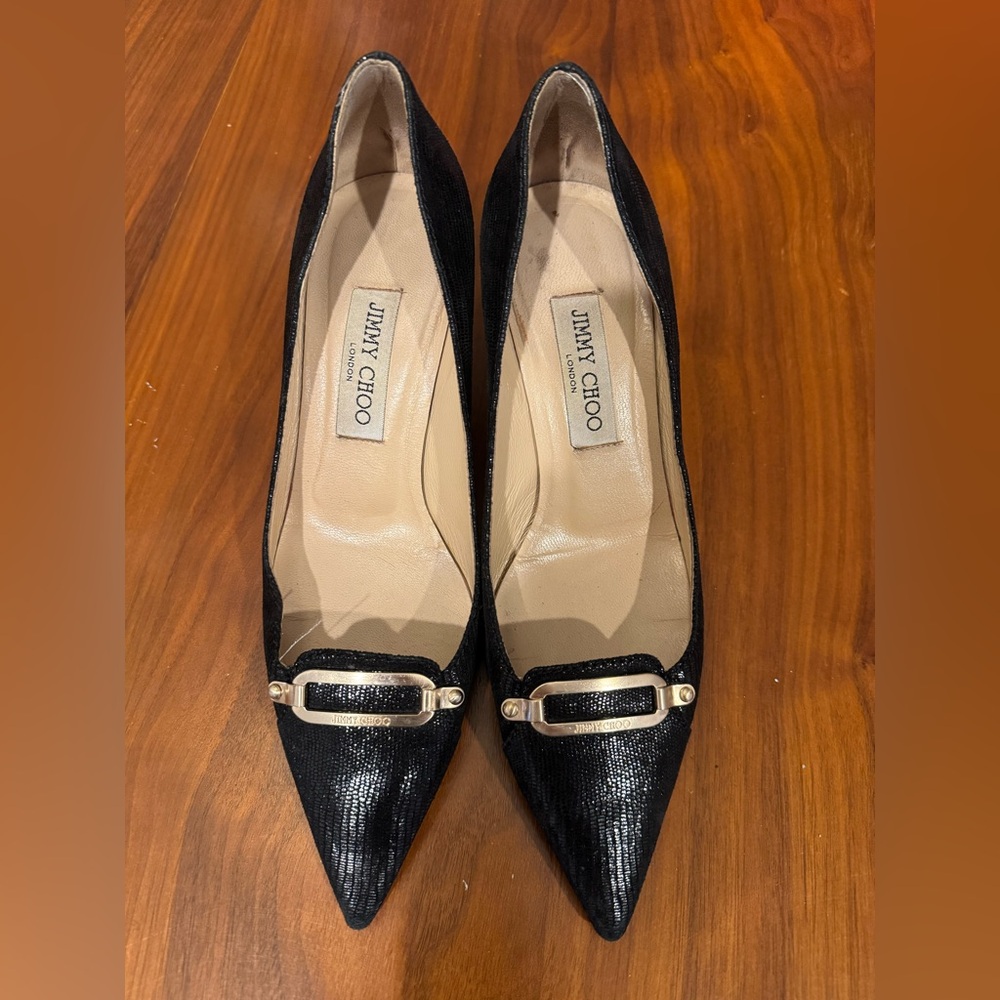 Jimmy Choo Black Textured Heels with Gold Accent